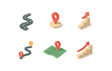 isometric icon items isolated on white background roadmap line milestone pin step arrow journey path travel map progress chart