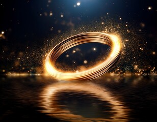 glowing golden ring reflecting on dark water surrounded by shimmering dust particles creating a luxurious elegant and mysterious atmosphere