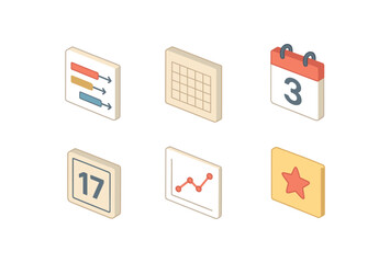 isometric icon items isolated on white background project timeline month grid calendar page date box line chart event