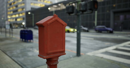 Obraz premium A vibrant red mailbox captures attention on a bustling city street.