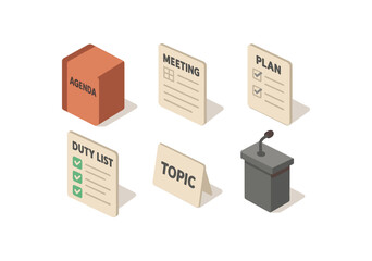 Fototapeta premium isometric icon items isolated on white background agenda book meeting note plan page duty list topic speaker slot