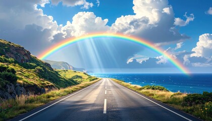 Empty road, rainbow over ocean, hills, sunny sky