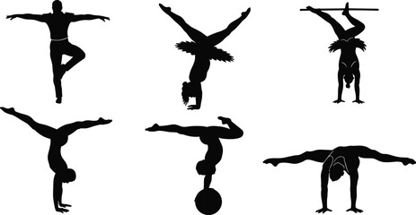 Silhouette Acrobat and Gymnast Vector Set with Handstand, Balance Poses, Circus and Dance Performers in Artistic Athletic Positions