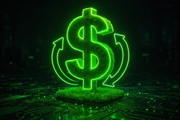 Money Cycle: A glowing green dollar sign, formed by grass, is encircled by a glowing arrow, symbolizing the continuous flow of money and investment. Illustrating financial growth.