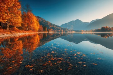 A crystal-clear autumn lake reflecting fiery colors of the surrounding foliage, creating a serene and picturesque scene.