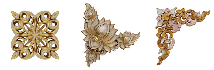 A collection of isolated rococo and baroque style decorative elements, featuring an intricate corner design with gilded floral motifs for vintage ornamentation