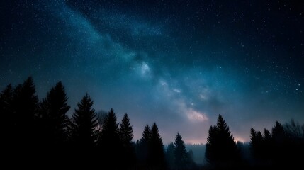 Fototapeta premium The stunning Milky Way galaxy arches across a dark star filled night sky above a silhouette of tall coniferous trees in a serene forest landscape