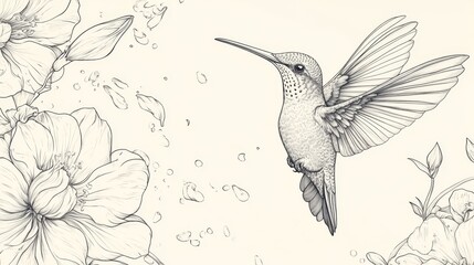 Hummingbird hovering gracefully botanical garden line drawing artistic environment eye-level view detailed illustration