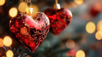 Two beautiful red heart-shaped ornaments sparkling on a Christmas tree, a romantic symbol of love and celebration during the festive holiday season