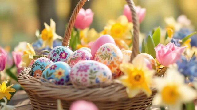 Vibrant floral-painted Easter eggs in a rustic wicker basket, basking in the warm sunlight of a spring garden with blooming flowers