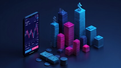 Abstract financial cityscape with smartphone