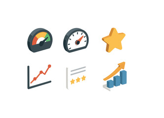 Fototapeta premium isometric icon items isolated on white background performance meter speed gauge chart line rating score card bar arrow