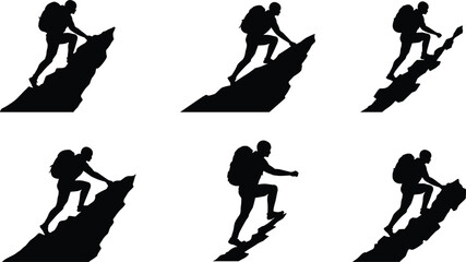Silhouette of Male Hiker Climbing Steep Mountain with Backpack, Adventure Outdoor Concept for Hiking, Trekking, Mountaineering and Wilderness Challenge
