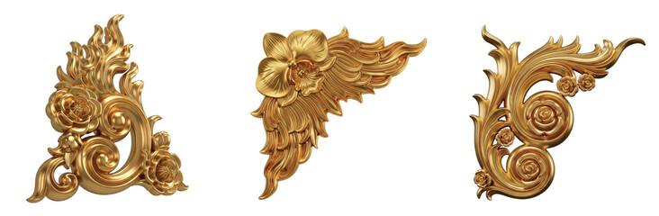 Obraz premium A set of three isolated golden rococo and baroque style corner design elements with ornate swirls and floral details for classic framing