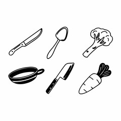 Illustration of a set of kitchen utensils and vegetables