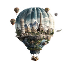 A hot air balloon, filled with a composite image of landmarks around the world