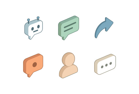 isometric icon items isolated on white background chatbot bubble chat text reply arrow message dot user head typing line