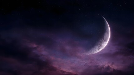 A luminous crescent moon hangs gracefully in a dark star filled purple night sky surrounded by soft illuminated clouds