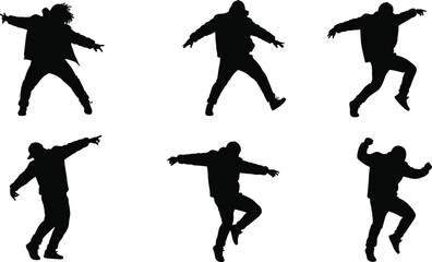Silhouette Set of Male Street Dancers Jumping and Performing Hip Hop Dance Moves in Dynamic Urban Poses on White Background