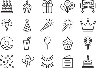 Birthday party celebration line icon set with cake, balloons, gift box, cupcake, crown, confetti, party hat, lollipop, drink and festive decoration outline vector collection
