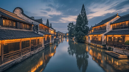 Fototapeta premium Night View of a Jiangnan Water Town with Lanterns and Reflections for a Tourism and Lifestyle Background