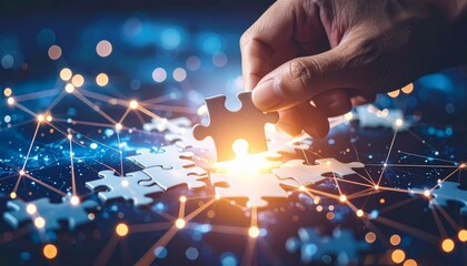 Human hand placing puzzle piece into digital brain with network nodes and glowing globe background symbolizing AI integration