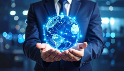 Businessperson in suit holding illuminated digital globe with network lines and nodes against dark tech background