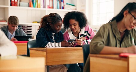 Phone, laughing and students in classroom at school with networking, social media or mobile app. Technology, funny and girl teenagers with cellphone for online contact with comic joke at academy. - Powered by Adobe