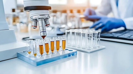 Scientist examining samples under a microscope in a laboratory setting