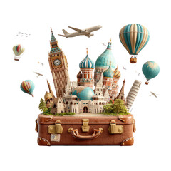 Travel suitcase filled with world landmarks
