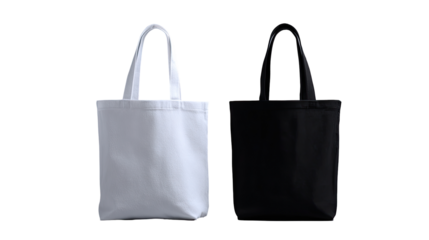 Two blank tote bags, one white and one black, presented against a black background.  Both bags have simple, straight handles