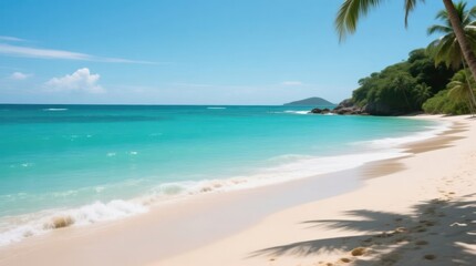 Tropical beach scene, vibrant turquoise water, white sand, palm trees