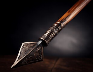 detailed image of a traditional spear with a wooden shaft and a sharp metal tip perfect for historical cultural or weaponry concepts