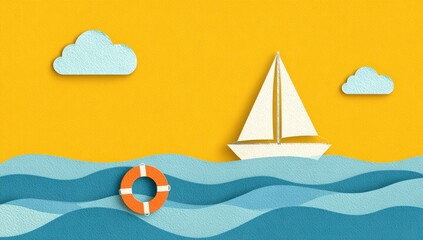 Paper cut sail boat on waves