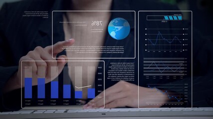 Businesswoman interacting with virtual dashboard, analyzing global business data using charts, graphs, and futuristic interface in modern office. - Powered by Adobe