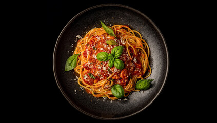 Fototapeta premium Delicious Italian Spaghetti Pasta with Tomato Sauce Parmesan Cheese and Fresh Basil Served on Black Plate Authentic Traditional Mediterranean Cuisine Gourmet Dinner Food Photography Concept