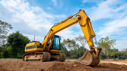 Yellow Excavator on Earth Mound at Construction Site Glossy Paint Reflecting Bright Sky with Minor Dirt Marks Earthworks and Foundations Prepared for Industrial Progress and Site
