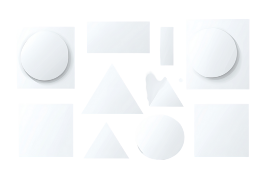 Abstract geometric shapes, various sizes and forms, arranged in a grid pattern, all white