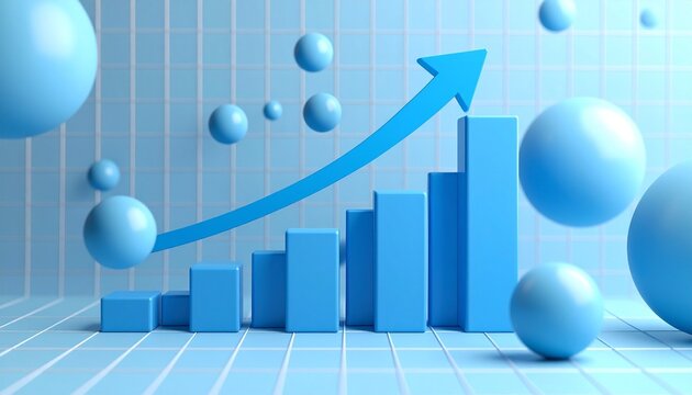 3D blue bar graph with increasing height, upward arrow, floating spheres, and grid background symbolizing futuristic growth - Powered by Adobe