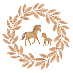 Round watercolor frame decorated with leaves and a cute horse in a hand-painted style. Ideal for greeting cards, invitations, children’s designs, packaging, and farm-themed projects.