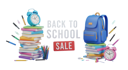 Back to School Sale with Books Backpack and Alarm Clocks education learning isolated on a transparent background