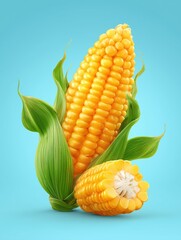 Obraz premium Vibrant Fresh Corn with Green Leaves on Blue Background