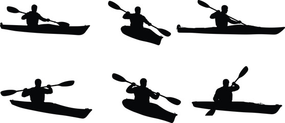 Silhouettes of People Kayaking in Different Positions with Paddles in Canoes or Kayaks on White Background for Outdoor Adventure Concepts