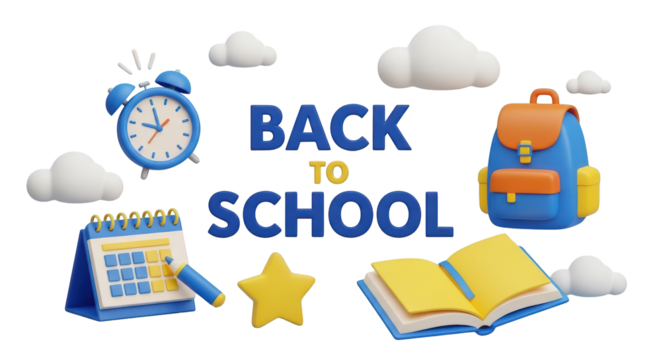 Back to School Scene with Backpack Clock Calendar and Books on White Background education learning isolated on a transparent background