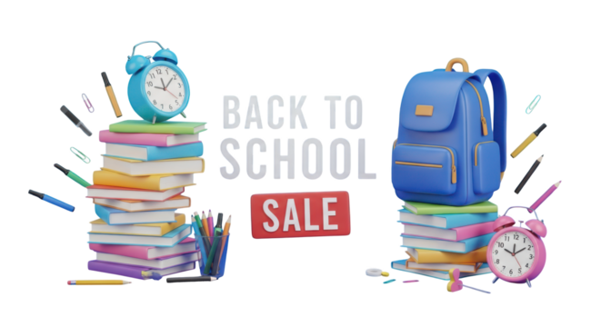 Back to School Sale with Books Backpack and Alarm Clocks education learning isolated on a transparent background