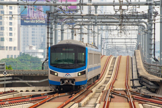 Ho Chi Minh City, Vietnam - January 2, 2025 : Metro Train Moving On Elevated Rail Of The Metro Line No.1 In Ho Chi Minh City.