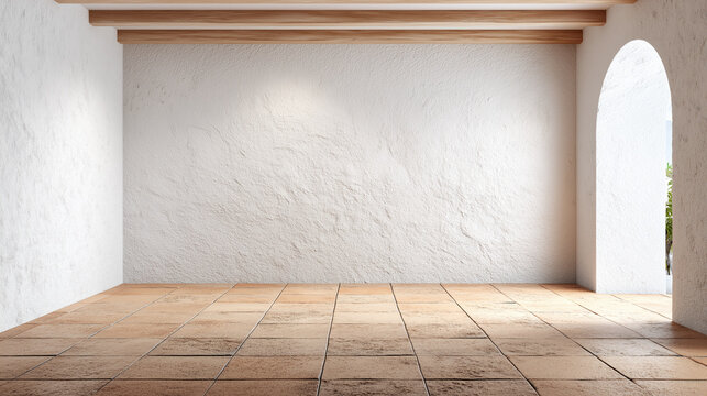 Empty living room wall with textured white surface and wooden ceiling beams, featuring terracotta tile floor and arched doorway letting in natural light, creating warm minimalist space