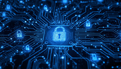 Cybersecurity Concept with Digital Lock Icon on Circuit Board