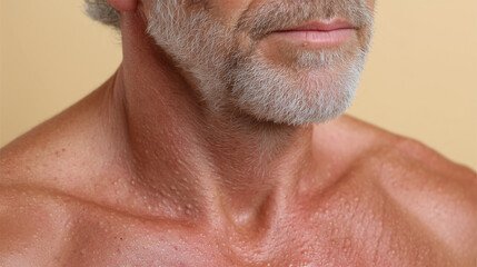 Naklejka premium Older male skin close up with gray beard and textured pores showing natural aging and healthy complexion on chest and neck area