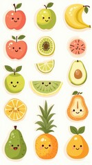 Cute Cartoon Fruits with Happy Faces, Vibrant Colors, and Simple Style